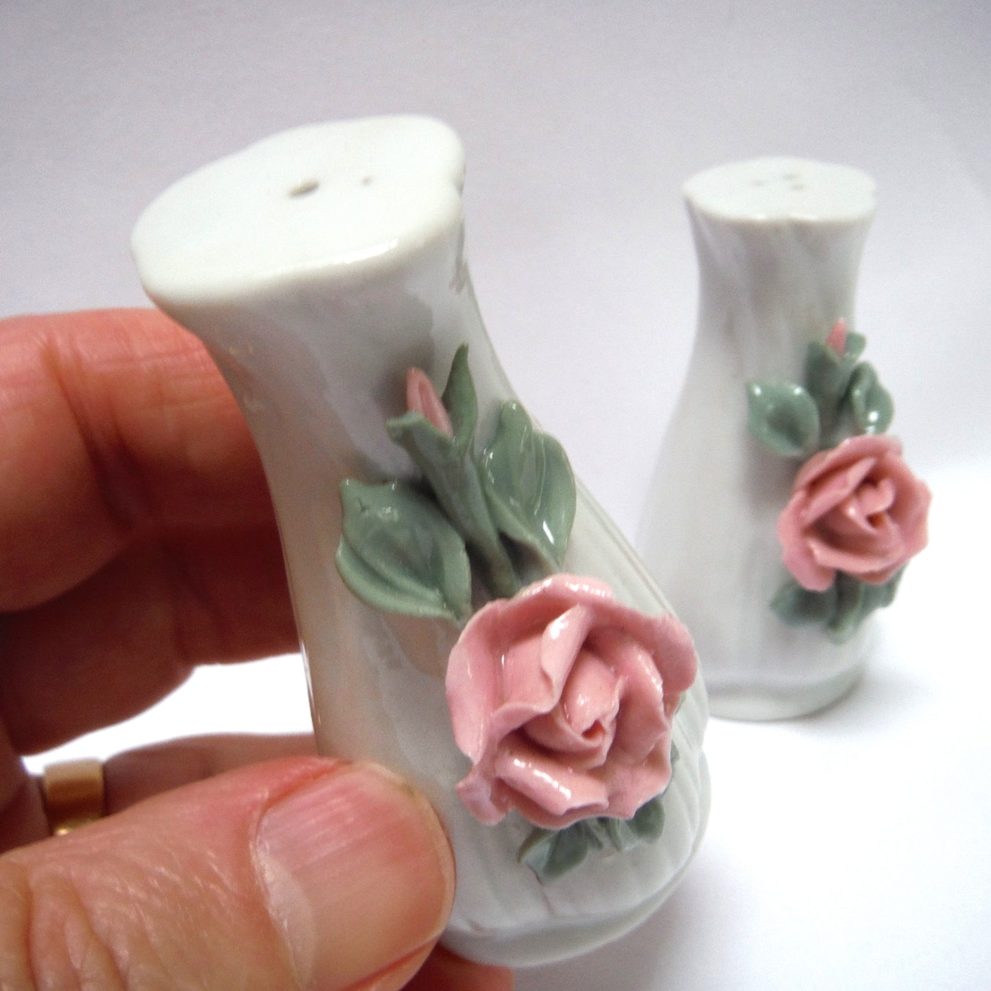 Mid-Century SALT & PEPPER SHAKERS in Gloss White Ceramic Finish with Stunning Pink 3-D Flower Bouquets