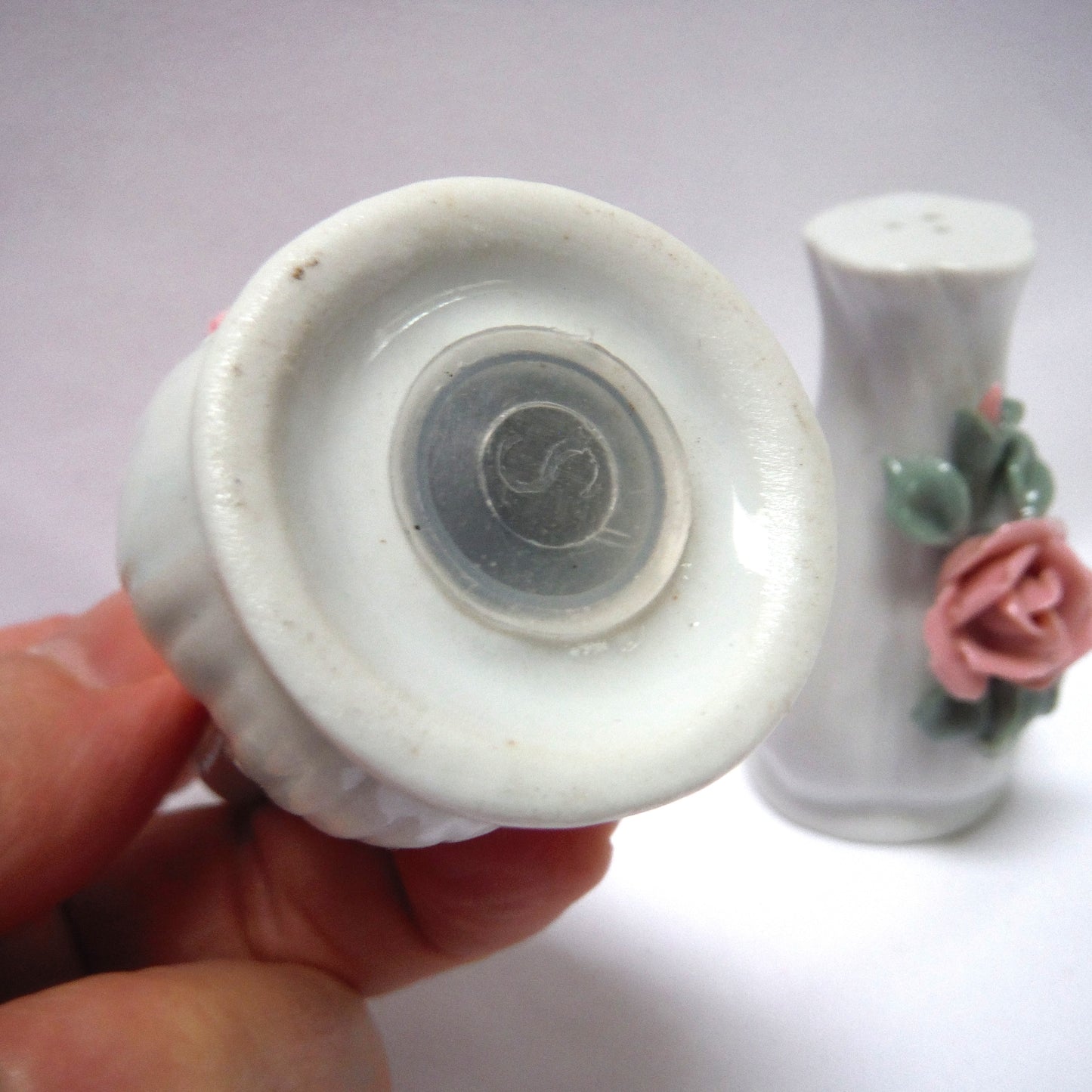 Mid-Century SALT & PEPPER SHAKERS in Gloss White Ceramic Finish with Stunning Pink 3-D Flower Bouquets