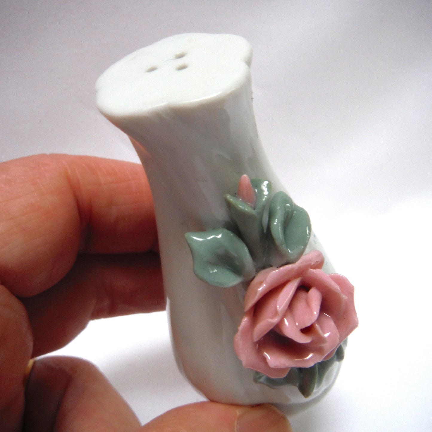 Mid-Century SALT & PEPPER SHAKERS in Gloss White Ceramic Finish with Stunning Pink 3-D Flower Bouquets