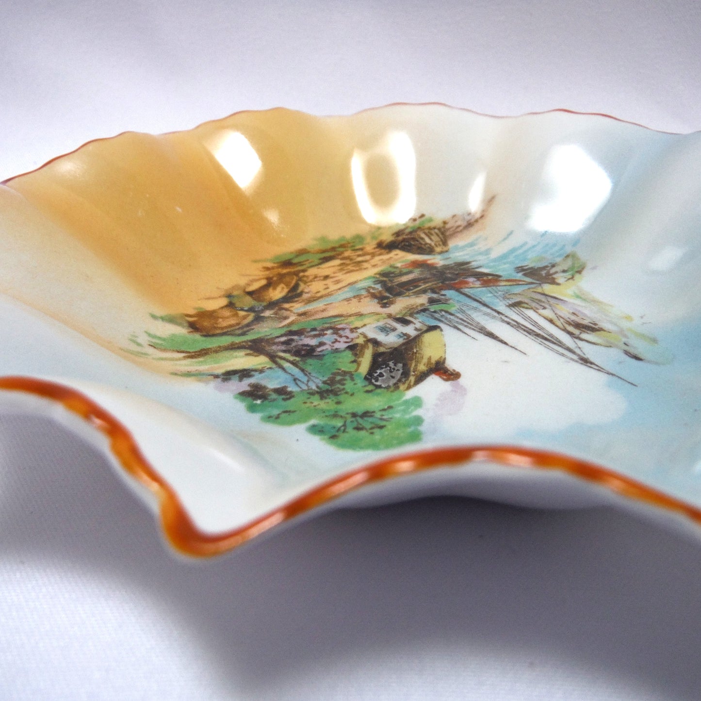 Antique Coastal Fishing Farm Scene JOHNSTONE WARE TRINKET DISH, from Occupied Japan