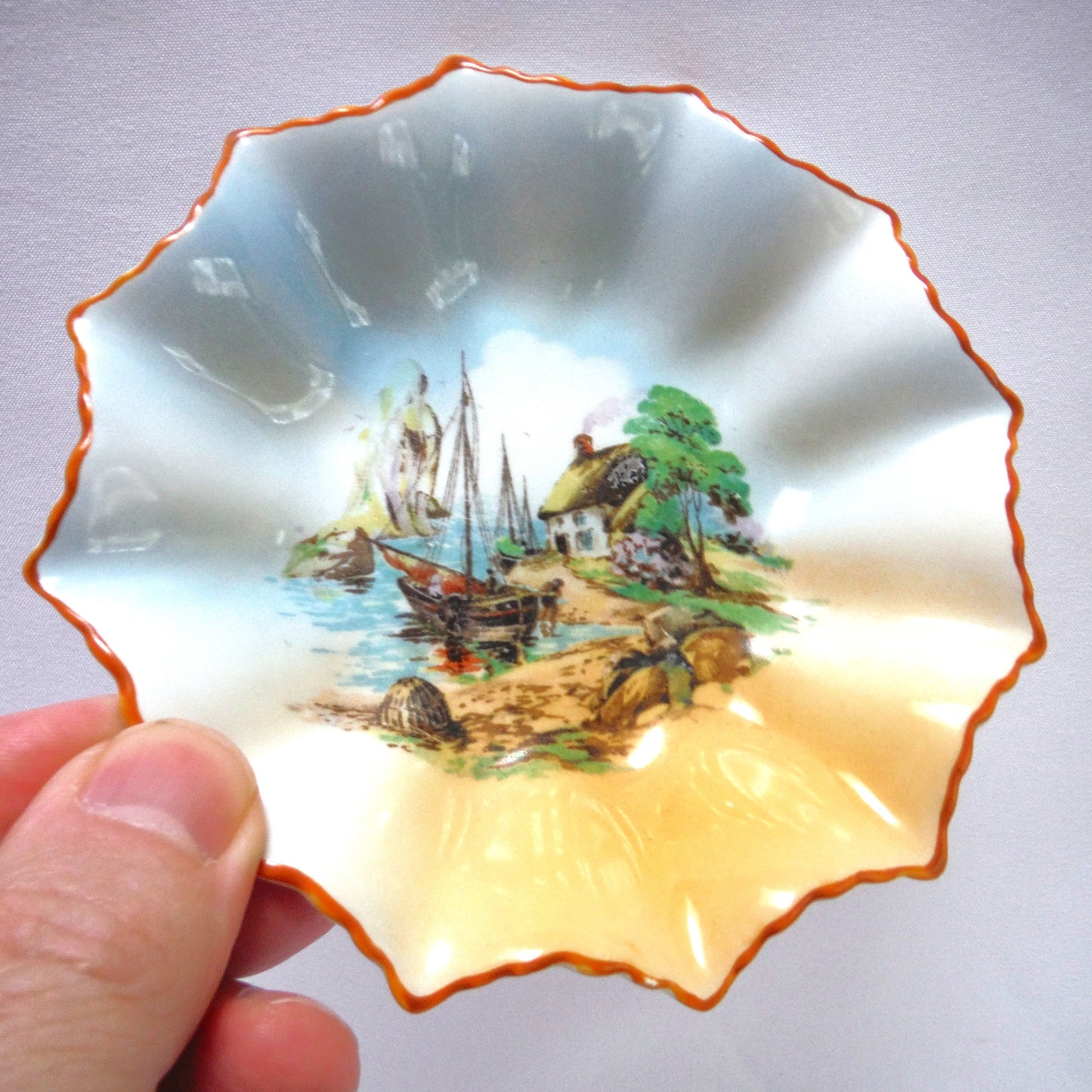 Antique Coastal Fishing Farm Scene JOHNSTONE WARE TRINKET DISH, from Occupied Japan