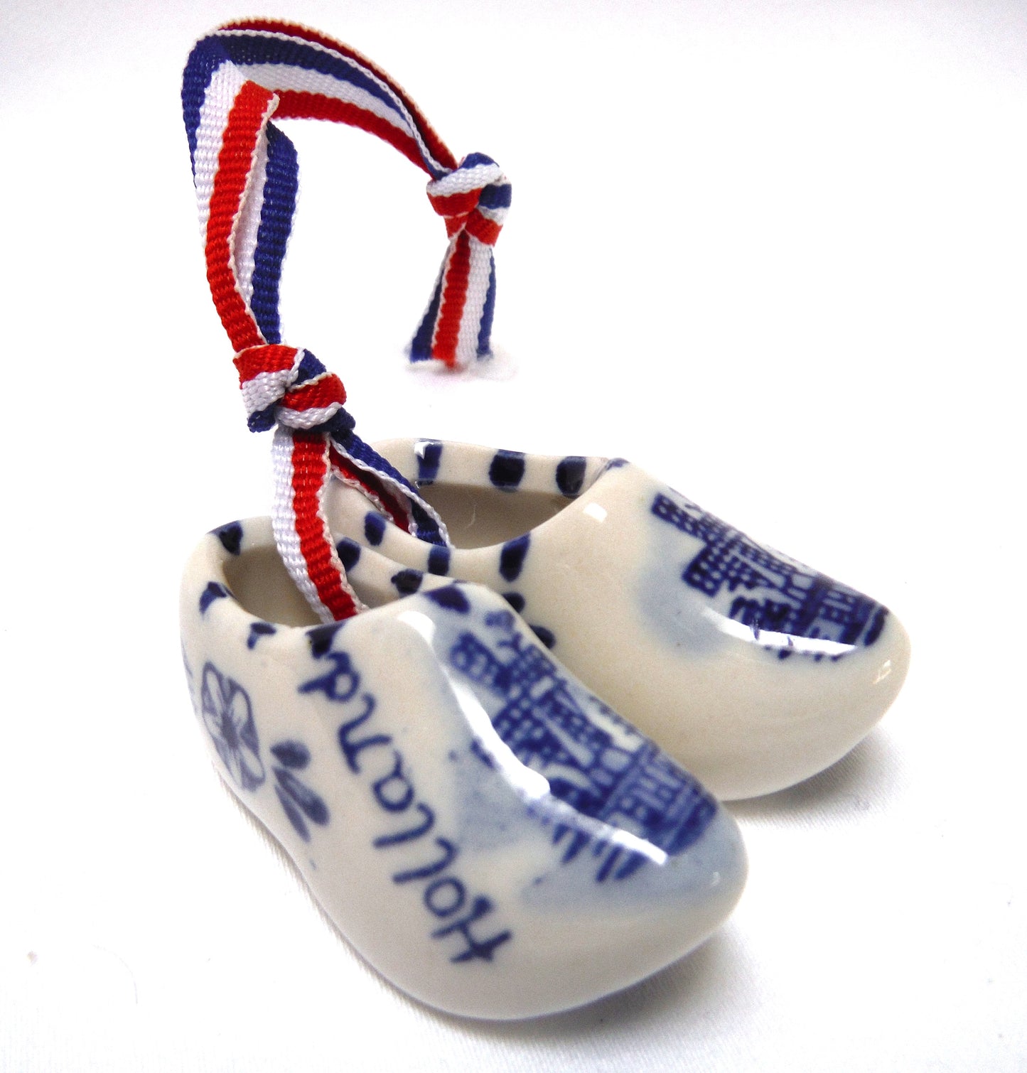 Vintage Hand Painted Delft Blue Miniature PAIR OF DUTCH SHOES ON RIBBON