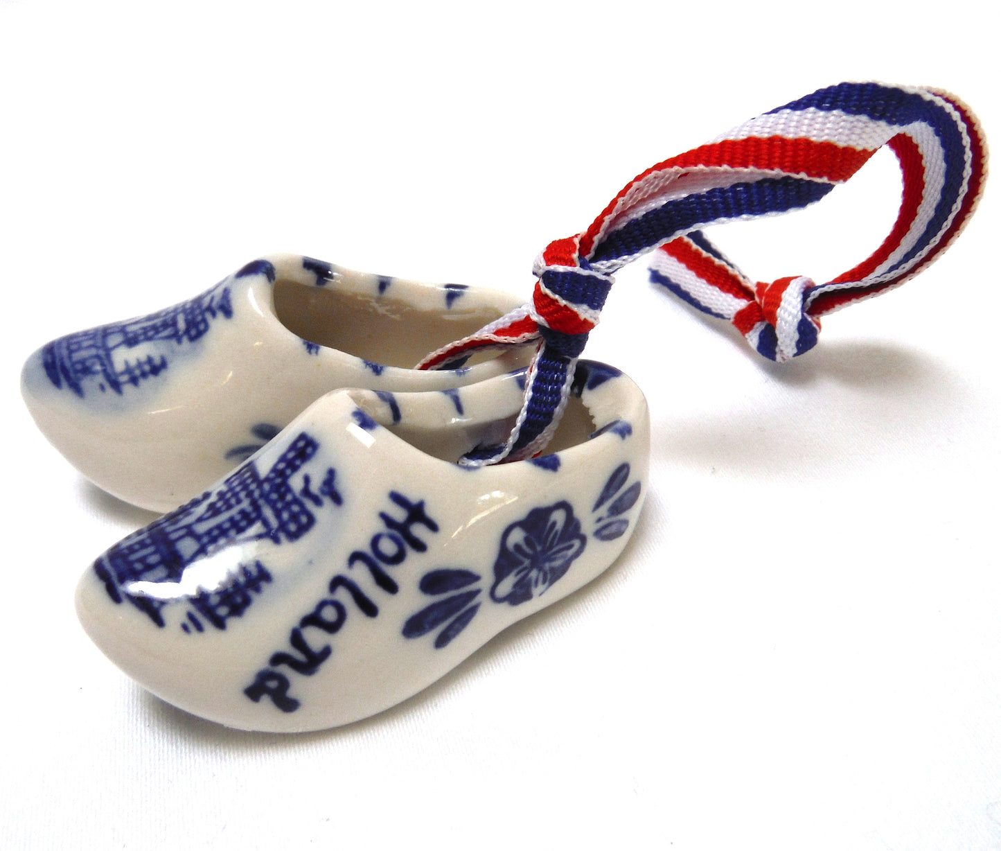 Vintage Hand Painted Delft Blue Miniature PAIR OF DUTCH SHOES ON RIBBON
