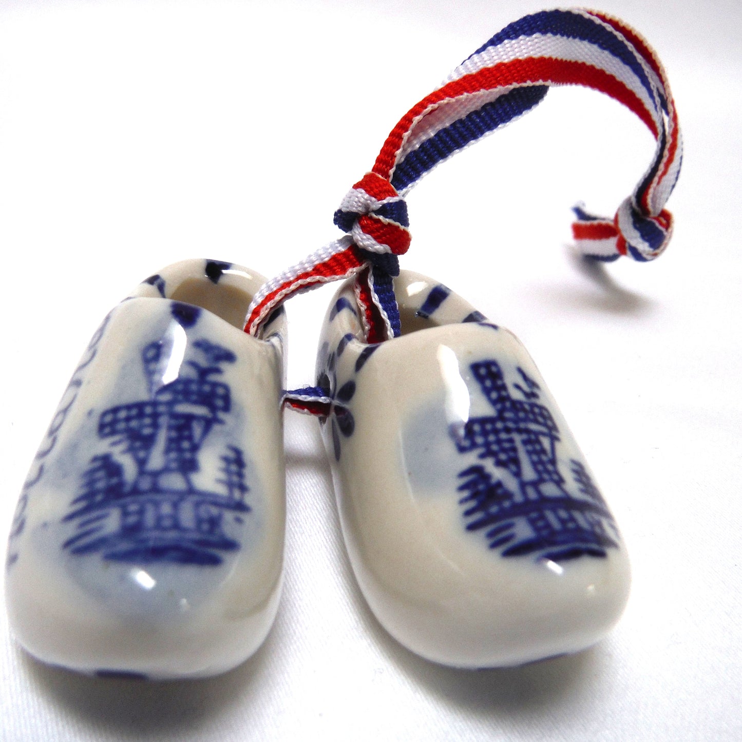 Vintage Hand Painted Delft Blue Miniature PAIR OF DUTCH SHOES ON RIBBON