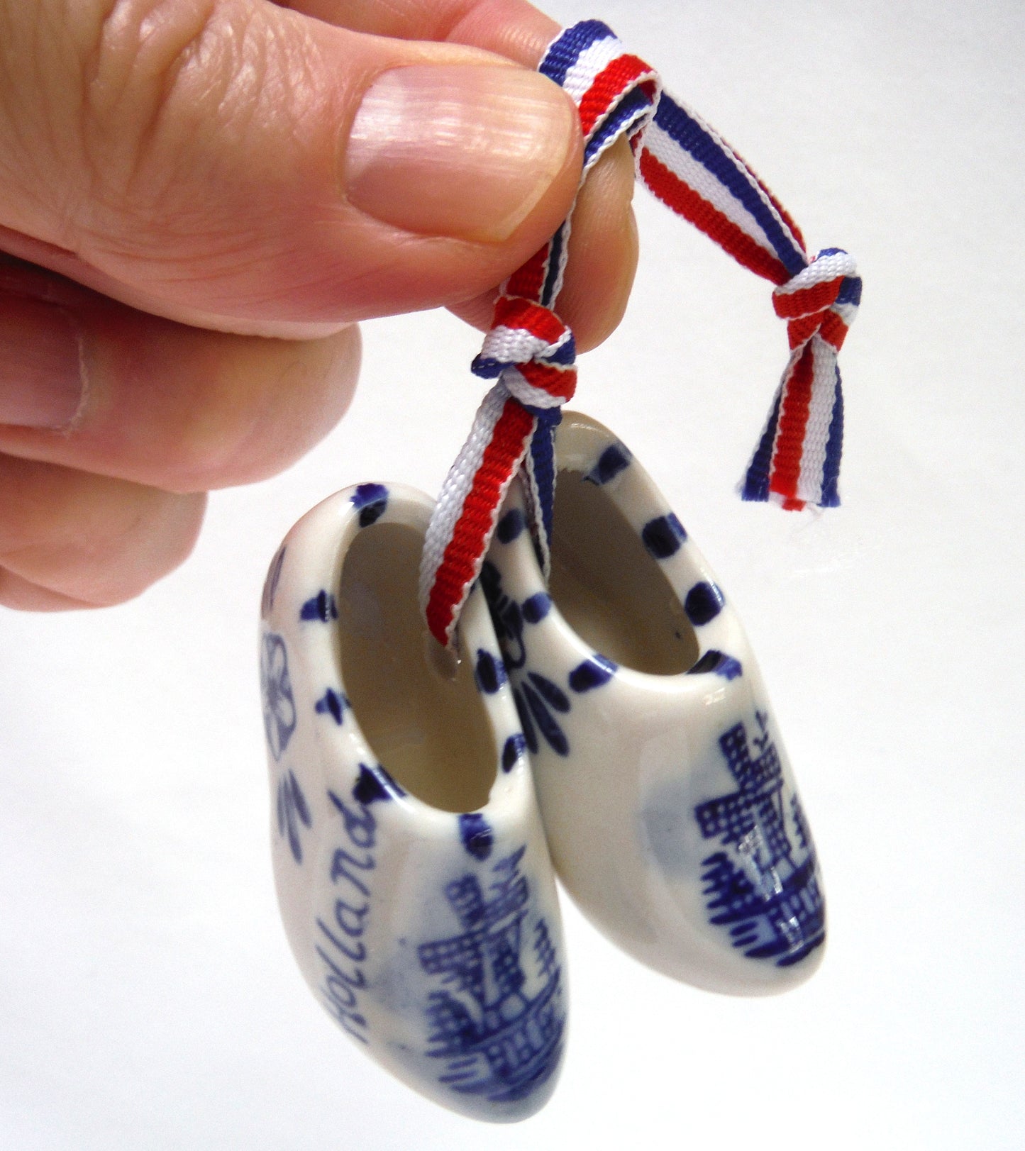 Vintage Hand Painted Delft Blue Miniature PAIR OF DUTCH SHOES ON RIBBON