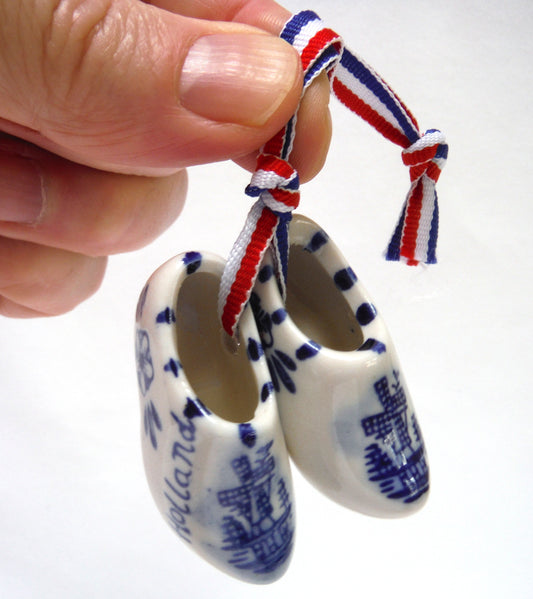 Vintage Hand Painted Delft Blue Miniature PAIR OF DUTCH SHOES ON RIBBON #1