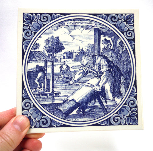 Vintage Hand Painted Delft Blue 6 x 6 CERAMIC TILE: 'De Leerbereider'