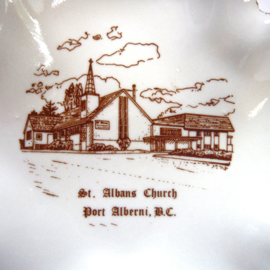 MAPLE-LEAF SHAPED GOLD RIMMED TRINKET TRAY: St. Albans Church, Port Alberni, British Columbia, Made in CANADA!