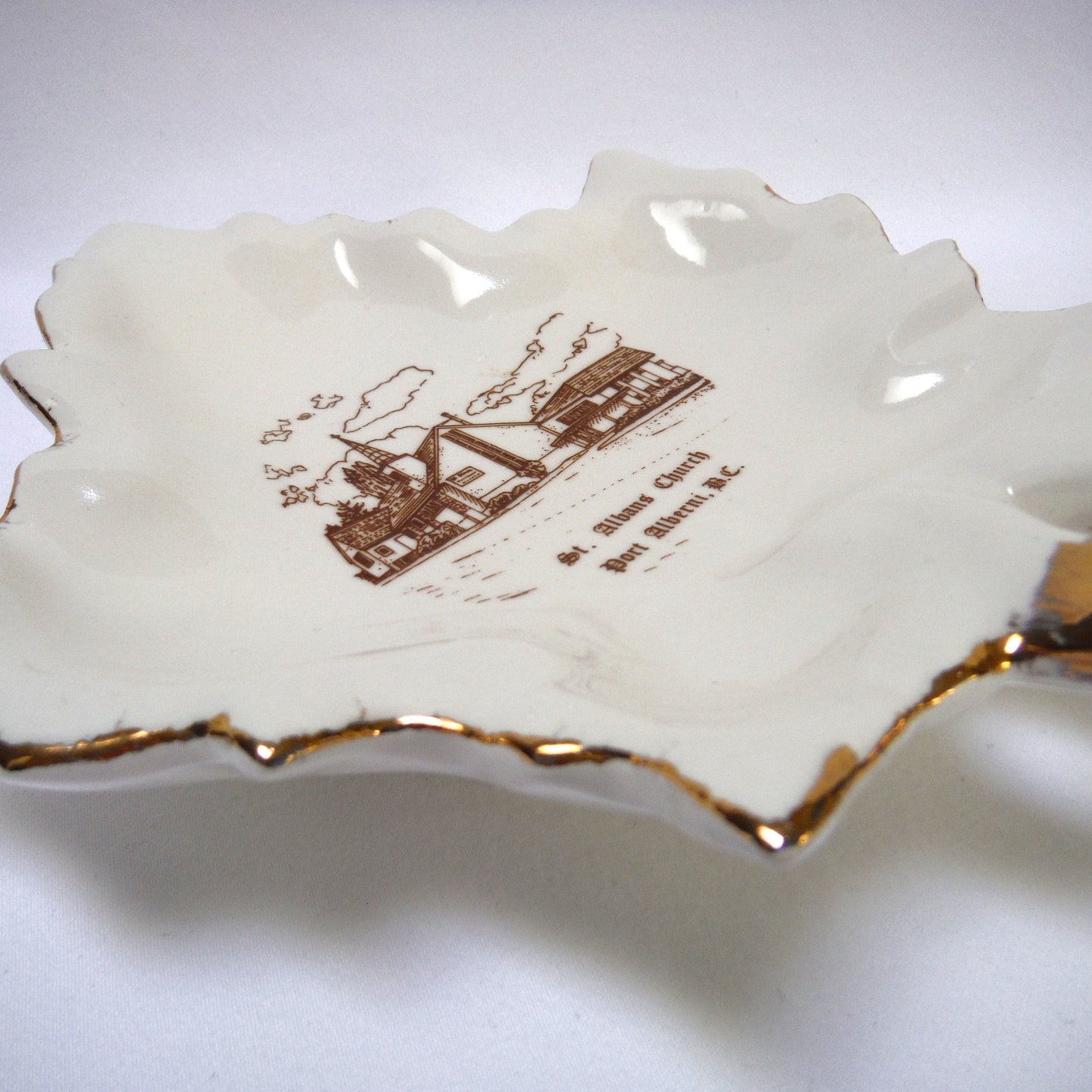 MAPLE-LEAF SHAPED GOLD RIMMED TRINKET TRAY: St. Albans Church, Port Alberni, British Columbia, Made in CANADA!