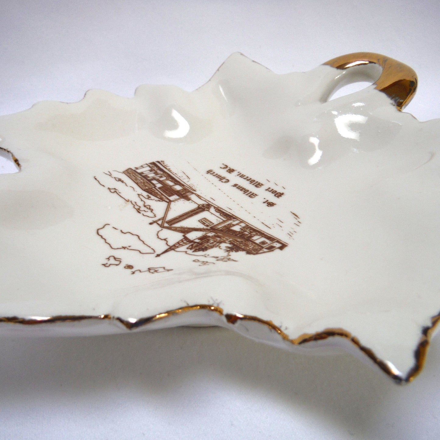 MAPLE-LEAF SHAPED GOLD RIMMED TRINKET TRAY: St. Albans Church, Port Alberni, British Columbia, Made in CANADA!