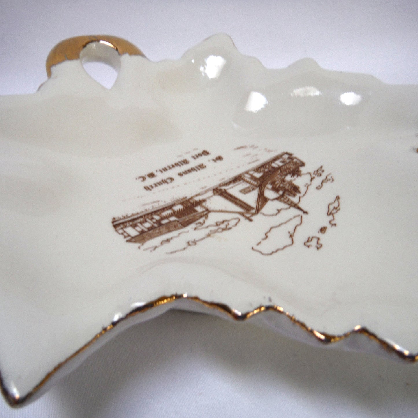 MAPLE-LEAF SHAPED GOLD RIMMED TRINKET TRAY: St. Albans Church, Port Alberni, British Columbia, Made in CANADA!