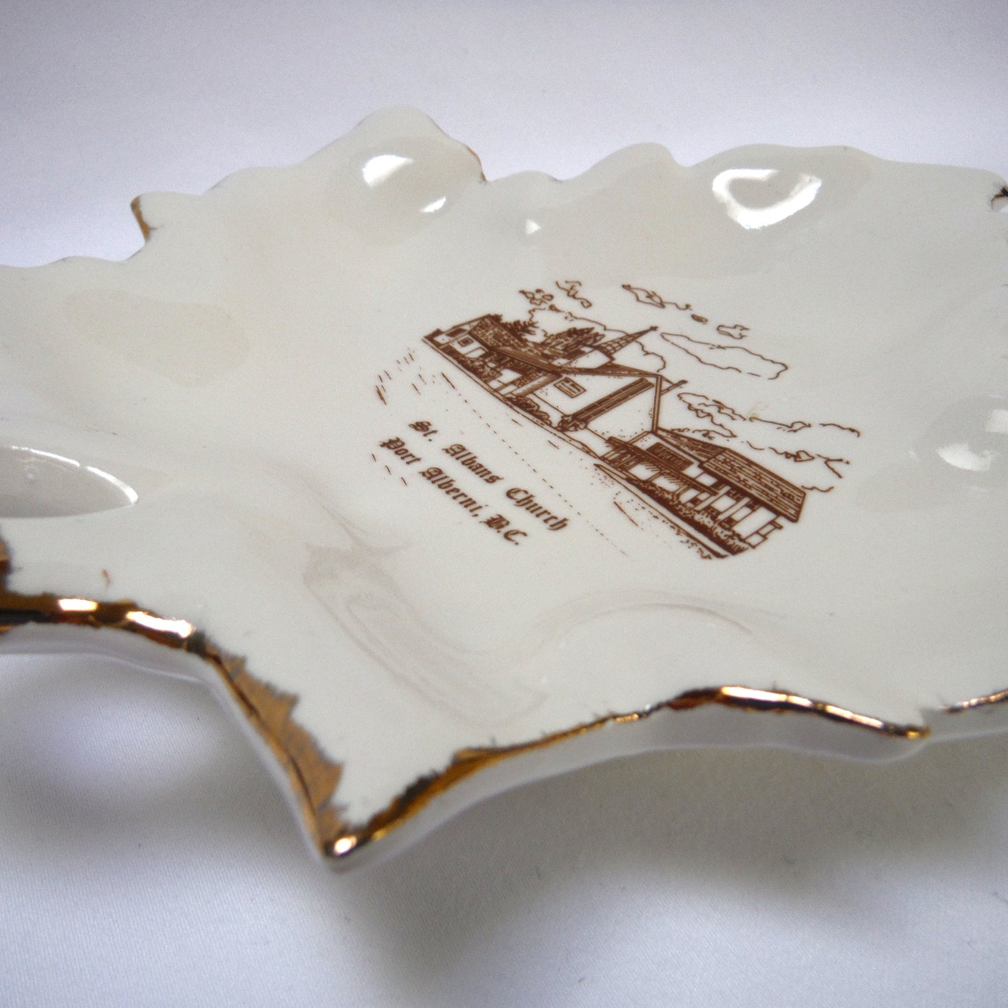 MAPLE-LEAF SHAPED GOLD RIMMED TRINKET TRAY: St. Albans Church, Port Alberni, British Columbia, Made in CANADA!