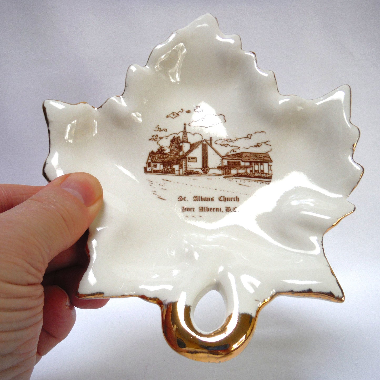 MAPLE-LEAF SHAPED GOLD RIMMED TRINKET TRAY: St. Albans Church, Port Alberni, British Columbia, Made in CANADA!