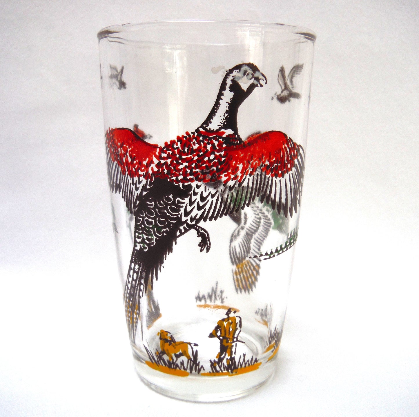 Large Glass Shotglass: 'FLYING PHEASANTS & THE HUNTER!'