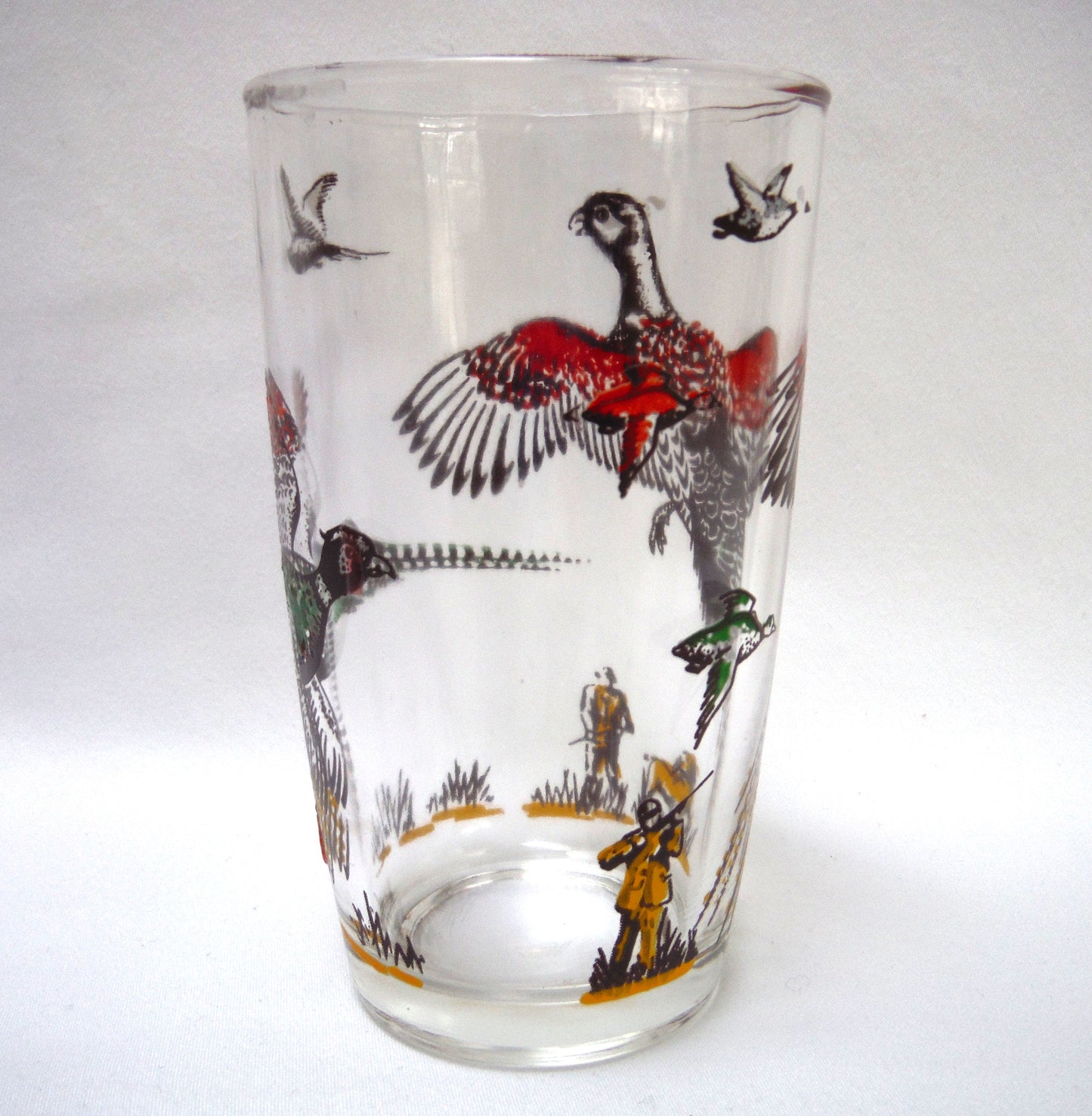 Large Glass Shotglass: 'FLYING PHEASANTS & THE HUNTER!'