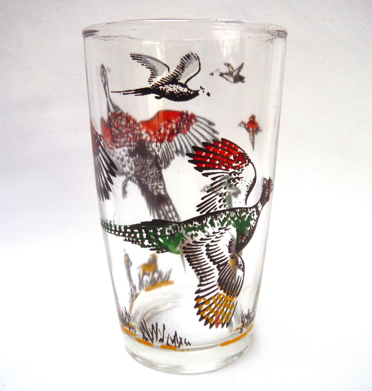 Large Glass Shotglass: 'FLYING PHEASANTS & THE HUNTER!'
