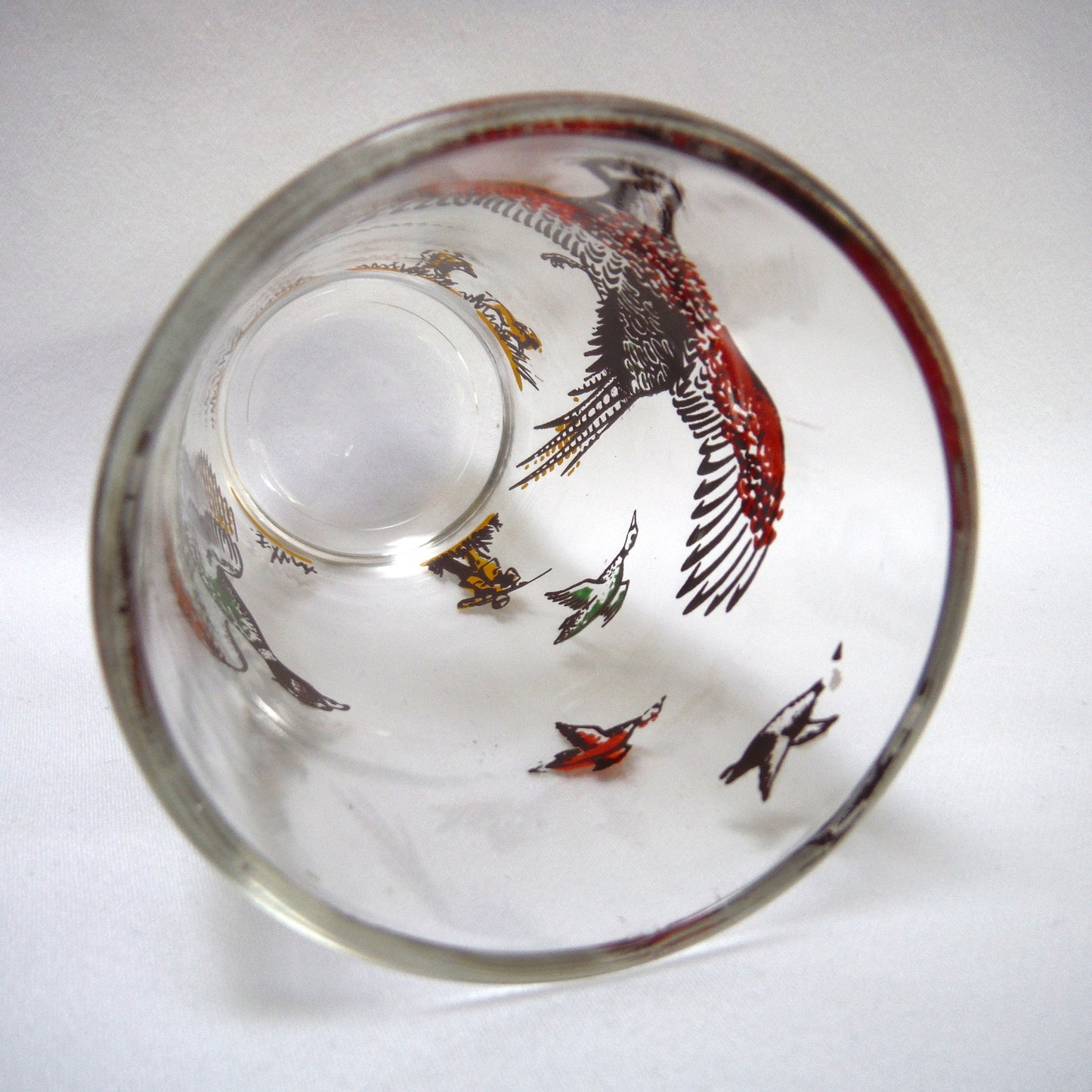 Large Glass Shotglass: 'FLYING PHEASANTS & THE HUNTER!'