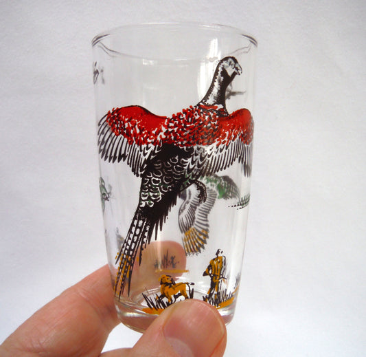 Large Glass Shotglass: 'FLYING PHEASANTS & THE HUNTER!'