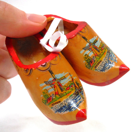 Hand Carved, Hand Painted Pair of Miniature Souvenir PAIR OF DUTCH WOODEN CLOGS