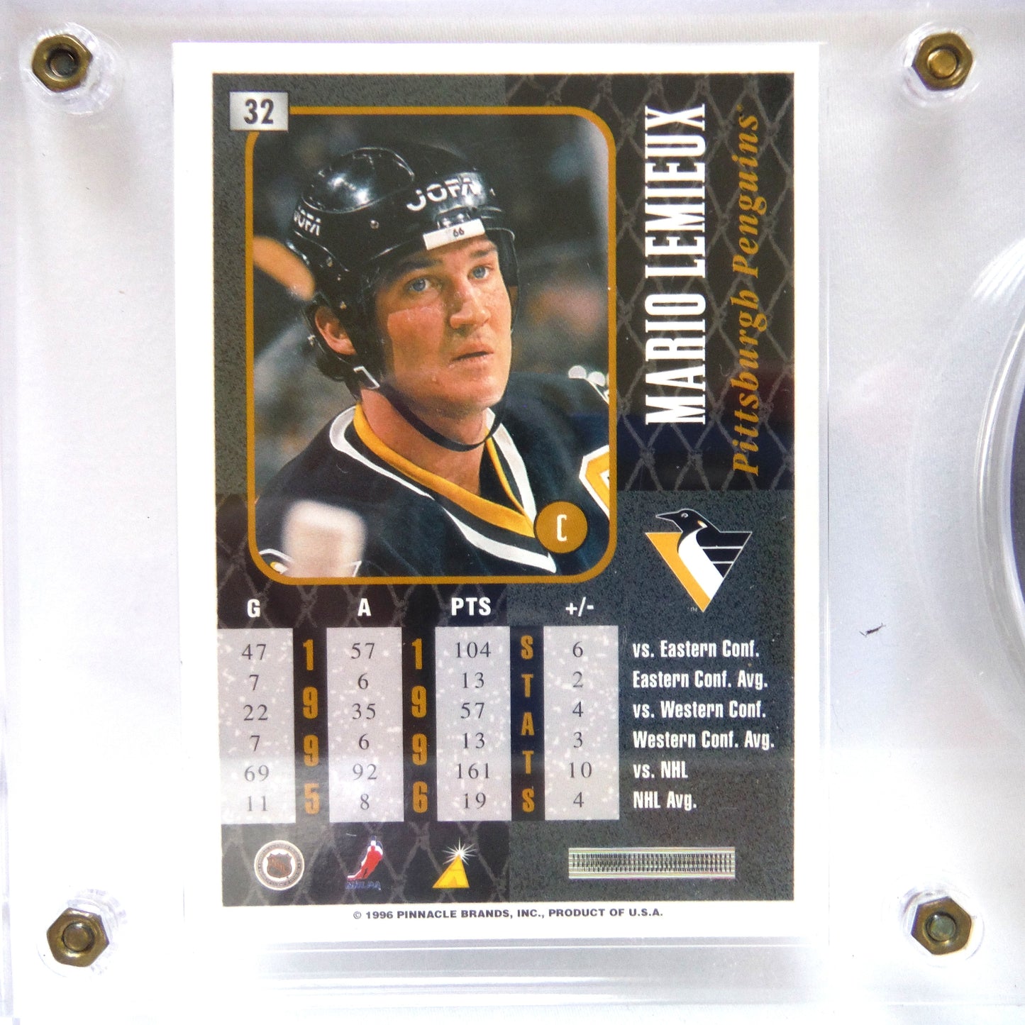 MARIO LEMIEUX 1996 TRADING CARD AND PITTSBURGH PENGUINS GAME PUCK: In Clear Plastic Display Stand