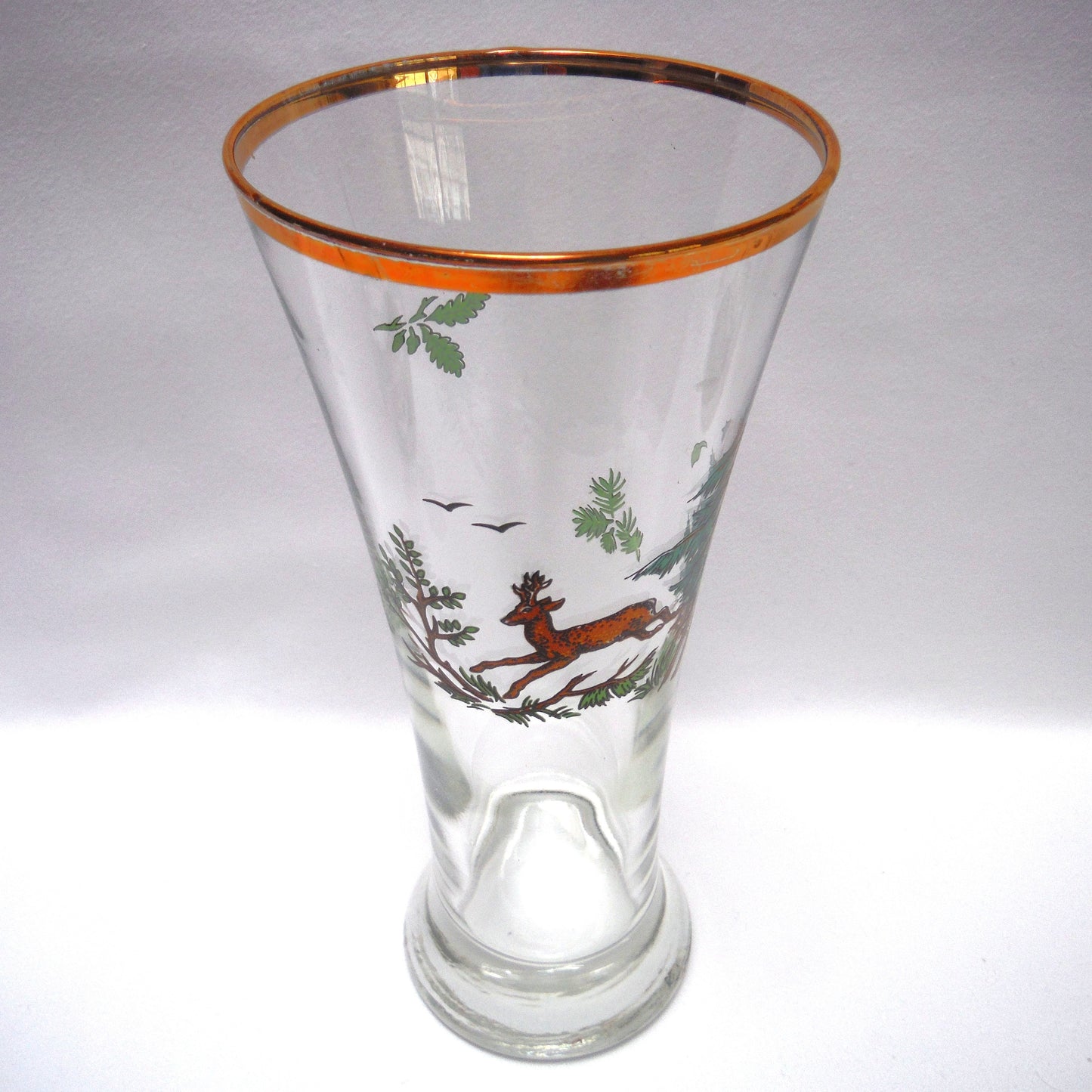 TALL VINTAGE GOLD-RIMMED PILSNER BEER GLASSES, Set of SIX with Unique Coloured Animal Figures