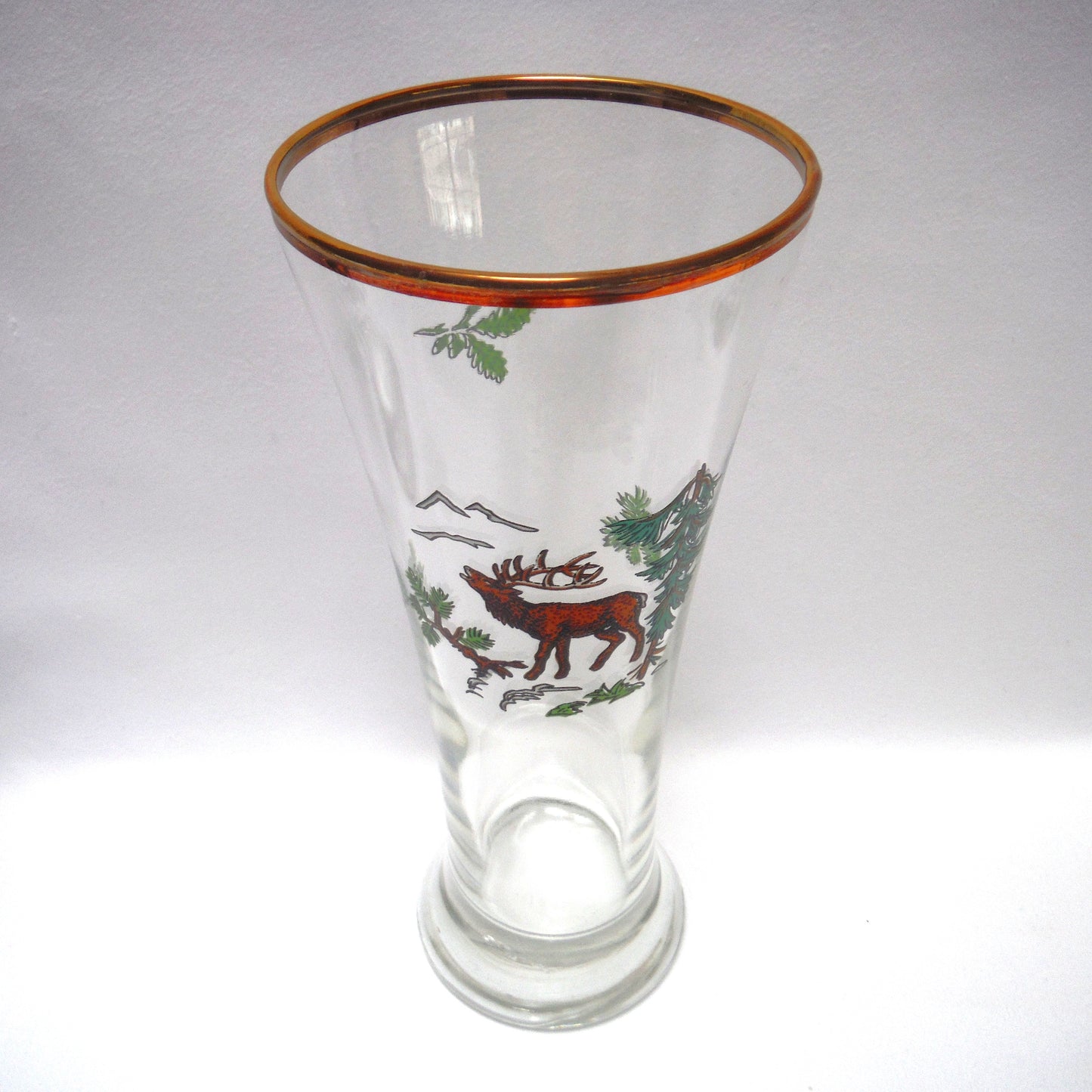 TALL VINTAGE GOLD-RIMMED PILSNER BEER GLASSES, Set of SIX with Unique Coloured Animal Figures