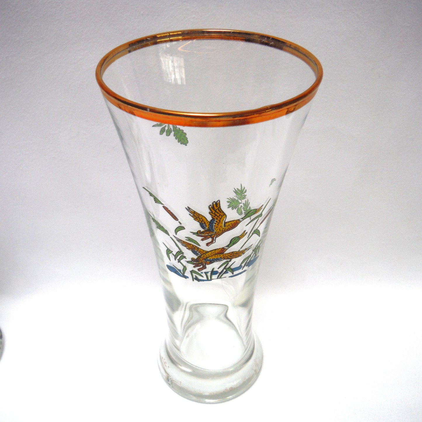 TALL VINTAGE GOLD-RIMMED PILSNER BEER GLASSES, Set of SIX with Unique Coloured Animal Figures