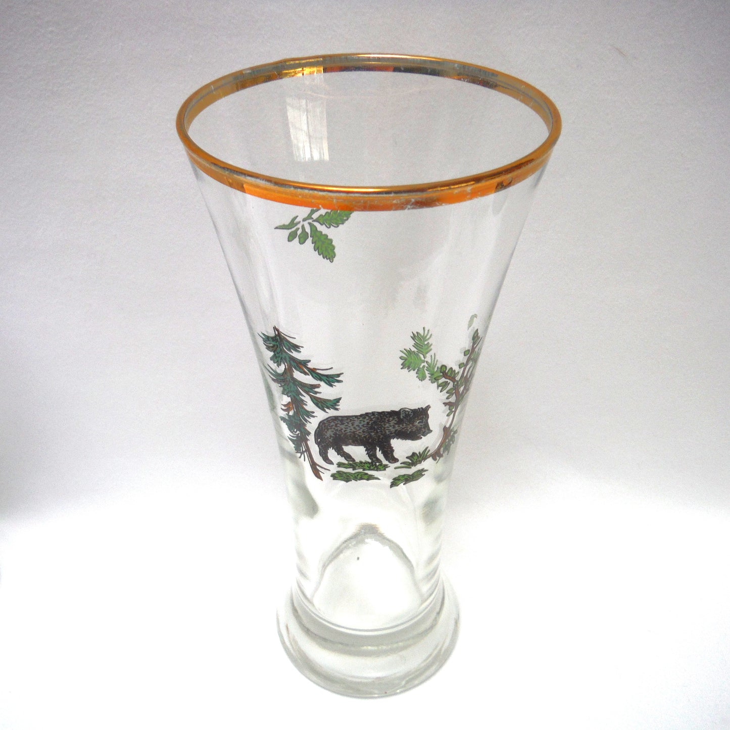 TALL VINTAGE GOLD-RIMMED PILSNER BEER GLASSES, Set of SIX with Unique Coloured Animal Figures