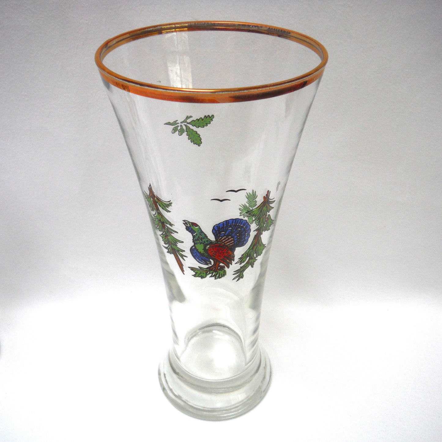 TALL VINTAGE GOLD-RIMMED PILSNER BEER GLASSES, Set of SIX with Unique Coloured Animal Figures