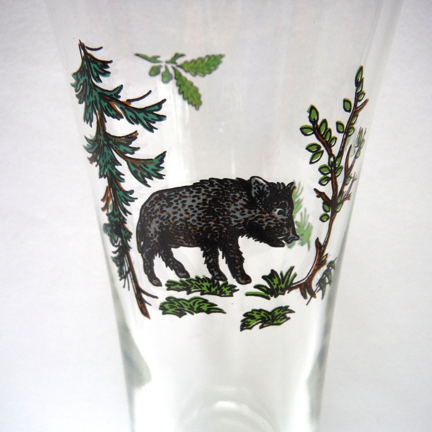 TALL VINTAGE GOLD-RIMMED PILSNER BEER GLASSES, Set of SIX with Unique Coloured Animal Figures