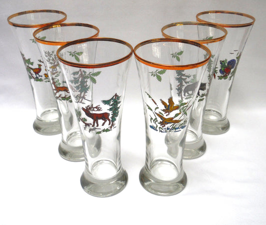 TALL VINTAGE GOLD-RIMMED PILSNER BEER GLASSES, Set of SIX with Unique Coloured Animal Figures