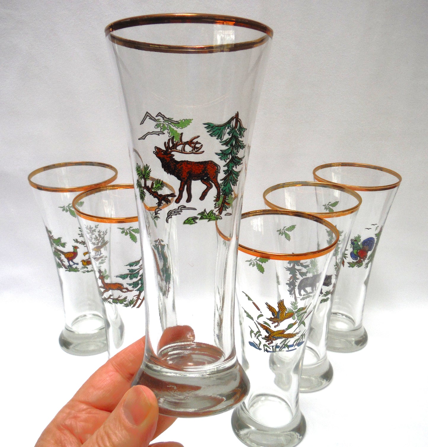TALL VINTAGE GOLD-RIMMED PILSNER BEER GLASSES, Set of SIX with Unique Coloured Animal Figures
