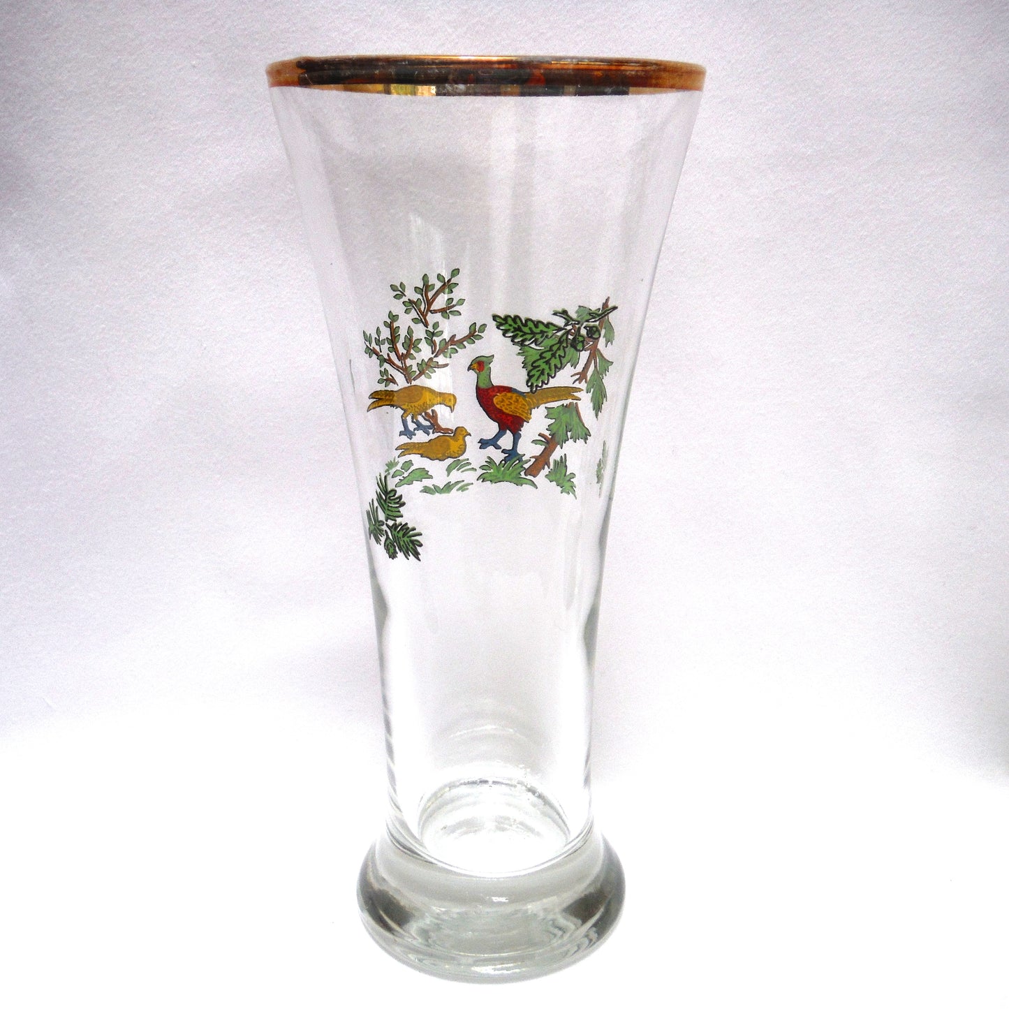 TALL VINTAGE GOLD-RIMMED PILSNER BEER GLASSES, Set of SIX with Unique Coloured Animal Figures