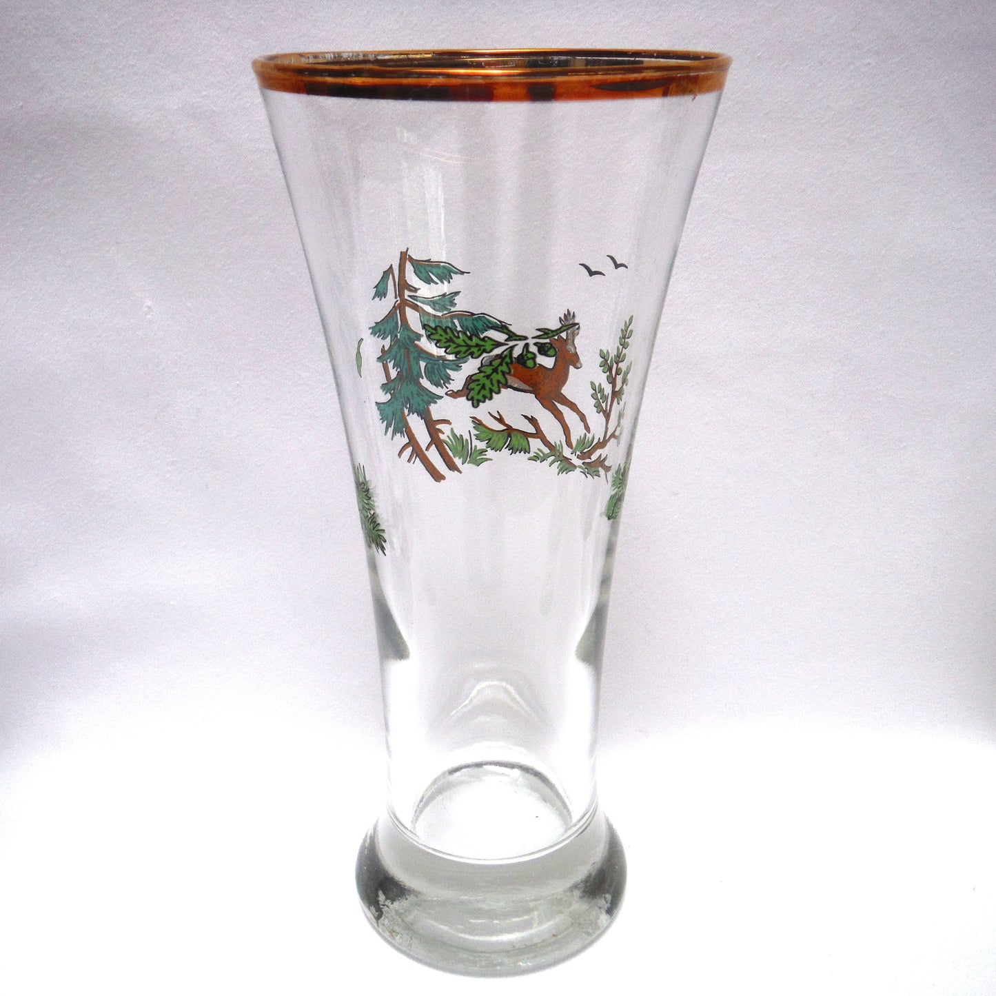 TALL VINTAGE GOLD-RIMMED PILSNER BEER GLASSES, Set of SIX with Unique Coloured Animal Figures