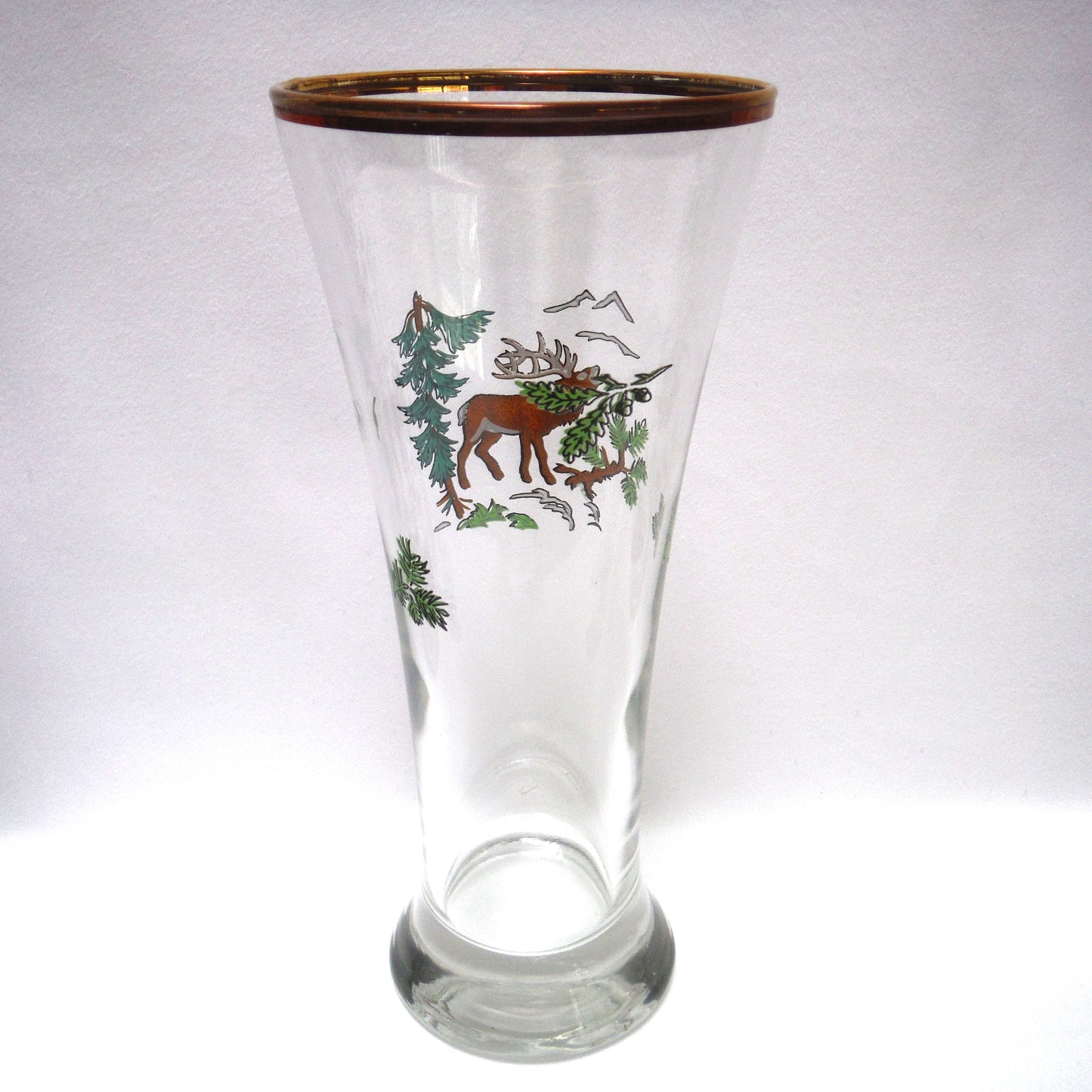 TALL VINTAGE GOLD-RIMMED PILSNER BEER GLASSES, Set of SIX with Unique Coloured Animal Figures