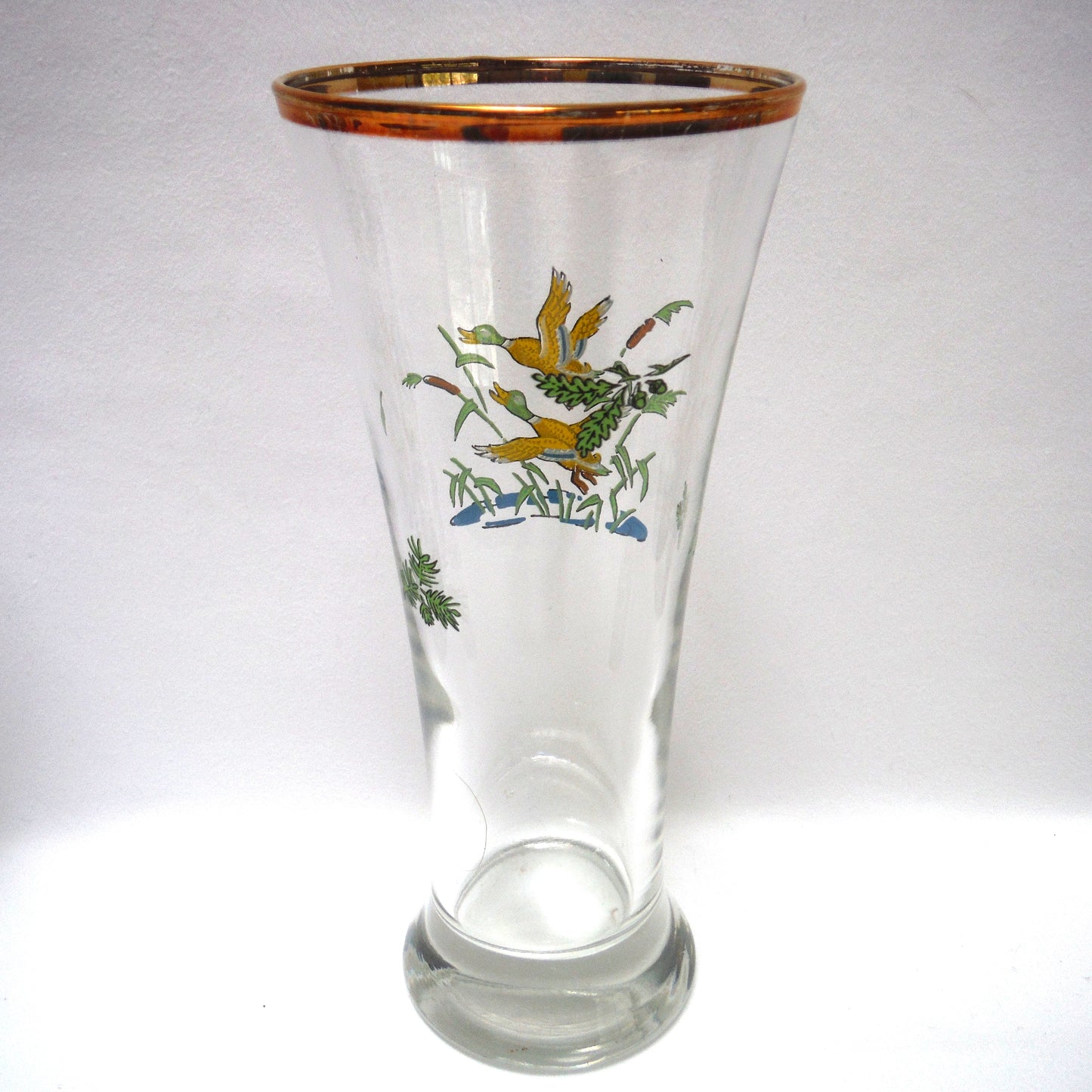 TALL VINTAGE GOLD-RIMMED PILSNER BEER GLASSES, Set of SIX with Unique Coloured Animal Figures