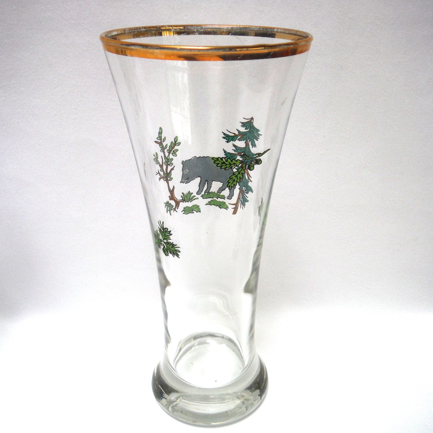 TALL VINTAGE GOLD-RIMMED PILSNER BEER GLASSES, Set of SIX with Unique Coloured Animal Figures