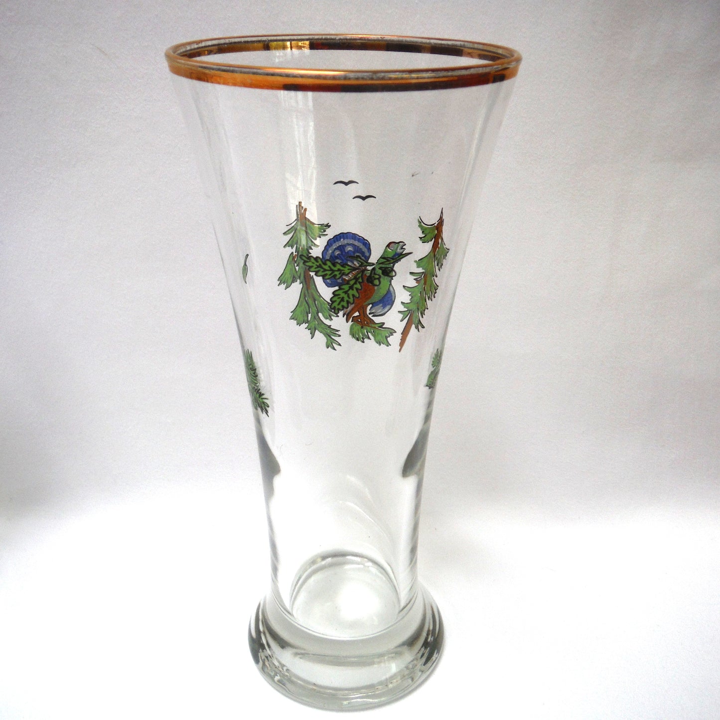 TALL VINTAGE GOLD-RIMMED PILSNER BEER GLASSES, Set of SIX with Unique Coloured Animal Figures