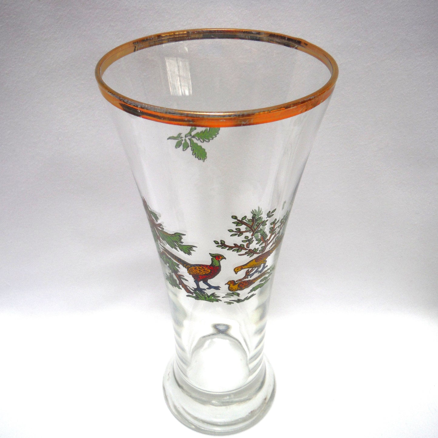 TALL VINTAGE GOLD-RIMMED PILSNER BEER GLASSES, Set of SIX with Unique Coloured Animal Figures