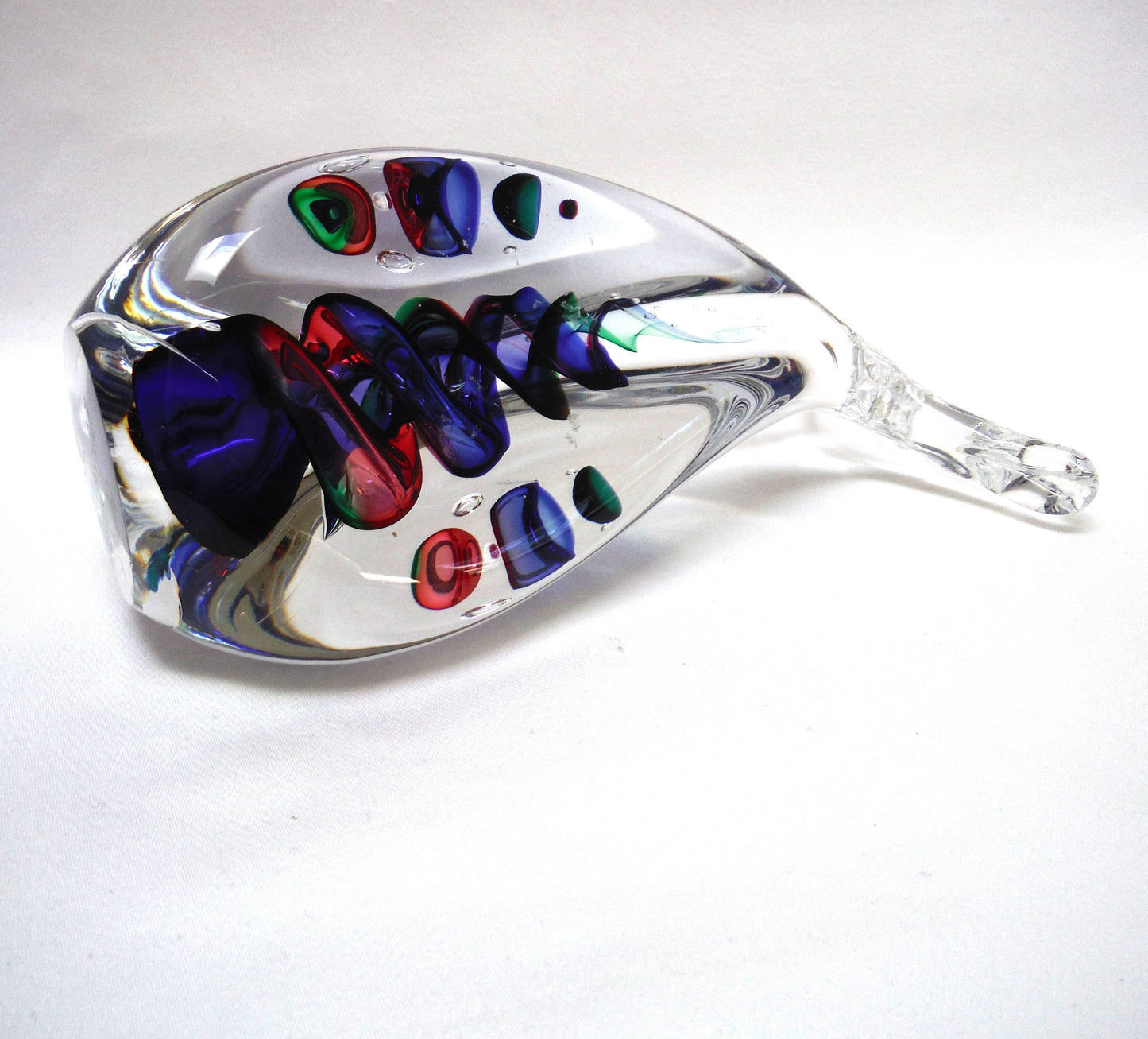 Hand Blown Multi-Coloured Clear Glass Paperweight by by Rubio Tofino: The Blue Green Red DIVING HUMPBACK WHALE
