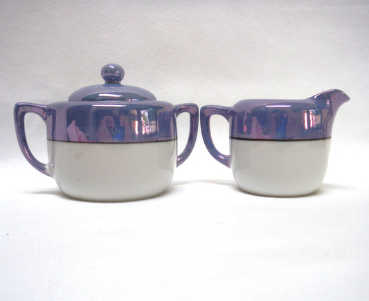 VINTAGE CREAM & SUGAR: Irradescent Robins-Blue Flower Basket by Noritake