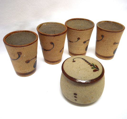 Contemporary Set of 4 Mexican Tequila Cups and Matching Candle: SIGNED BLUE PETUNIAS on Bare Mexican Earthenware