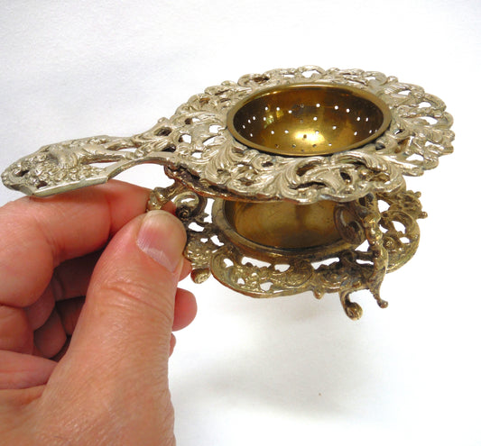 VINTAGE MID-CENTURY METAL LOOSE LEAF TEA STRAINER AND STAND: Ornate Cherube-Style in Stunning Bronze Finish