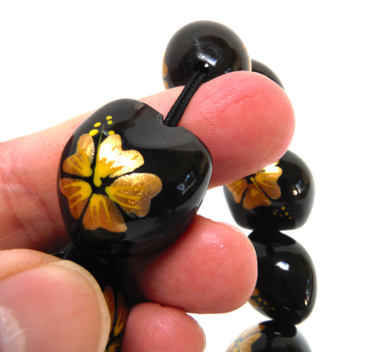 Vintage Hand-Painted BEAD BRACELET: Black Authentic Nuts with Gold Four-Leaf Clover Painted Design