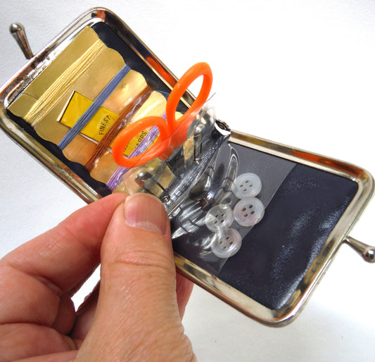 ESSO (Imperial Oil) 1980's Collectible Snap-Closure Travel Pouch Sewing Kit: Blue Leather and Silver Trim Finish w/original contents!