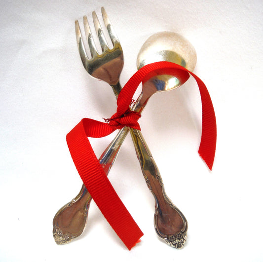 Vintage Pair of Silver Electro-Plated Brass BABY FORK AND SPOON SET: Red Ribbon Tied and Made by Community