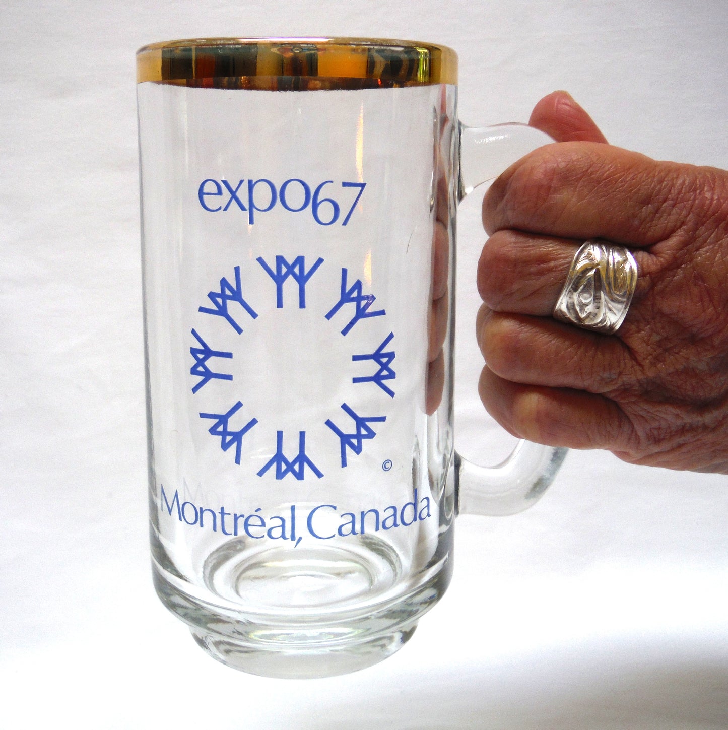 EXPO '67 IMPRINTED MONTREAL CANADA GLASS BEER MUG, Gold-Rimmed, Glass-Handled Stein