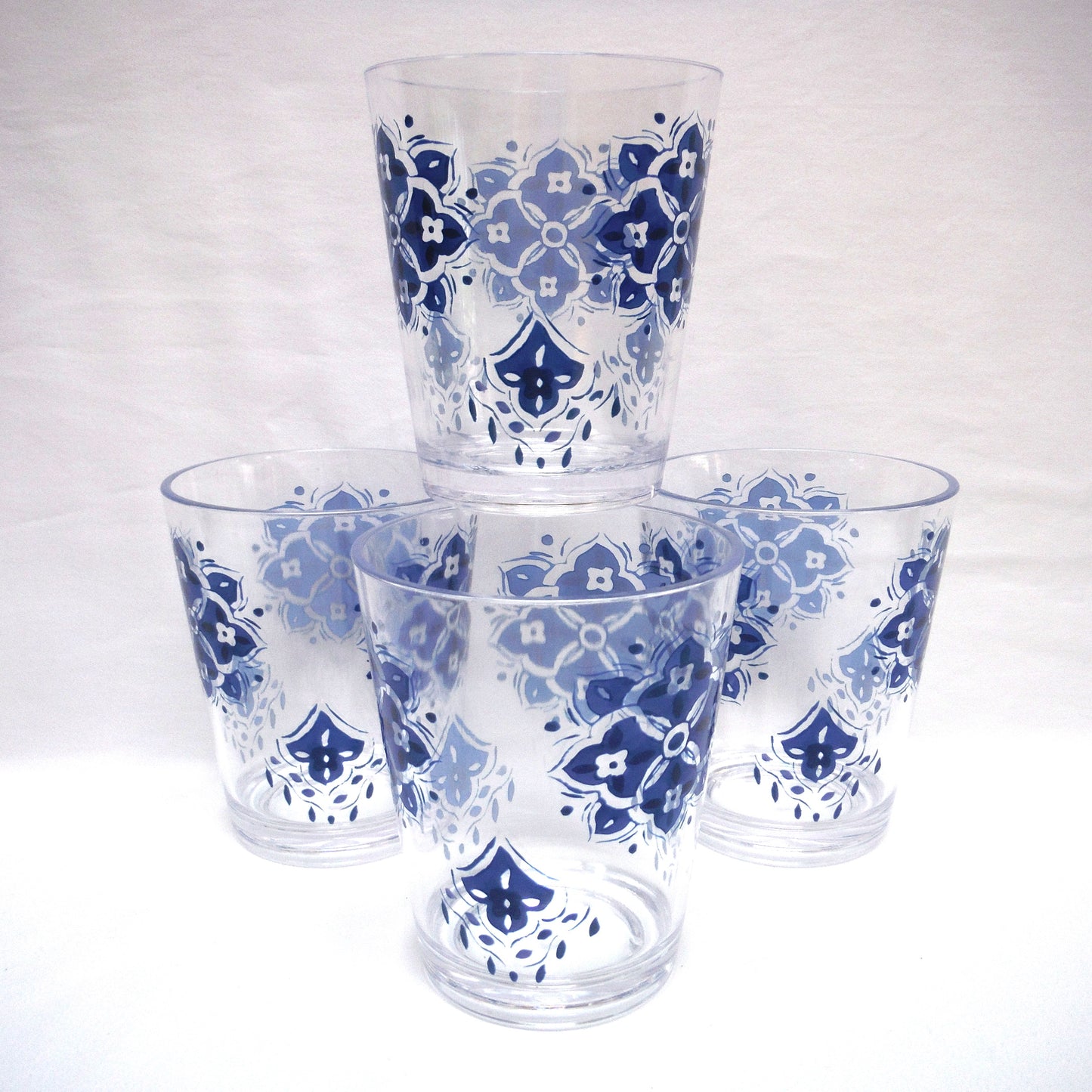 THICK STRONG PLASTIC TALL PLASTIC PATIO GLASSES: Vintage Set of 4 in Blue Flower Design