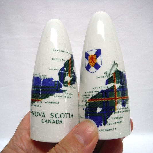 PAIR OF MID-CENTURY NOVA SCOTIA SALT & PEPPER CERAMIC SHAKERS: Featuring the NS Canada Map and Flag Imprint with Original Plugs!