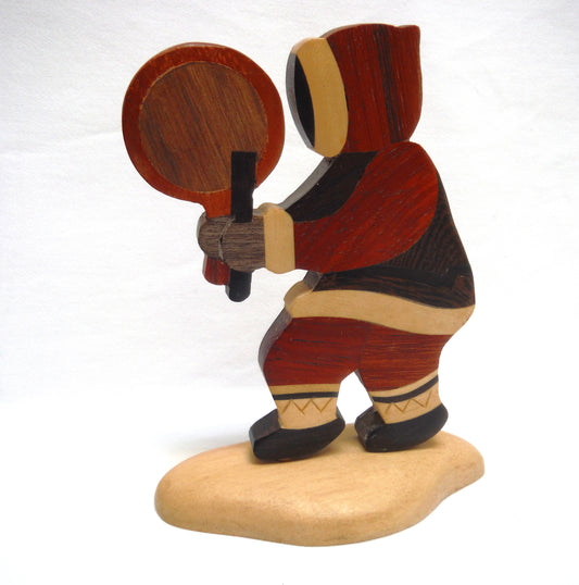 VINTAGE WOODEN STATUE OF INUIT DRUMMER: Hand Made and Carved Multi-Wooden Canadian Mosaic Designed Statuette